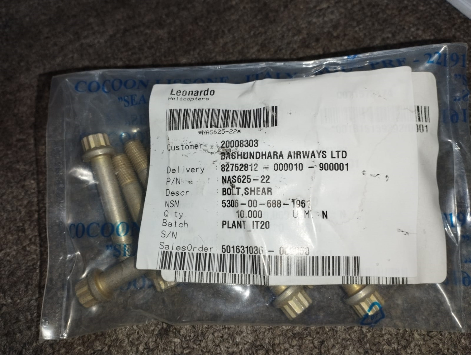 LEONARDO Bolt, Shear NAS625-22 | Brand New |
